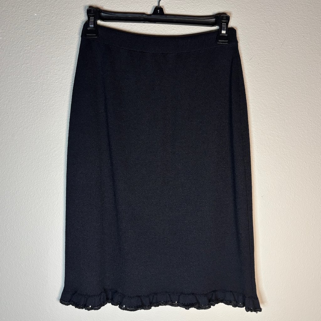 St. John Evening Black Knit Skirt Sz 2 | Subtle Ruffle Hem W/Black Sequin Accent